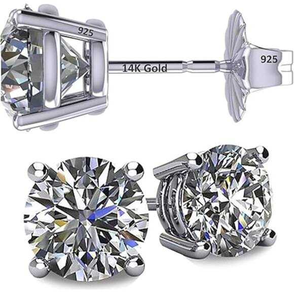 14K Solid Gold Post & Silver Simulated Diamond Stud Earrings-cubic zirconia - Picture 7 of 7